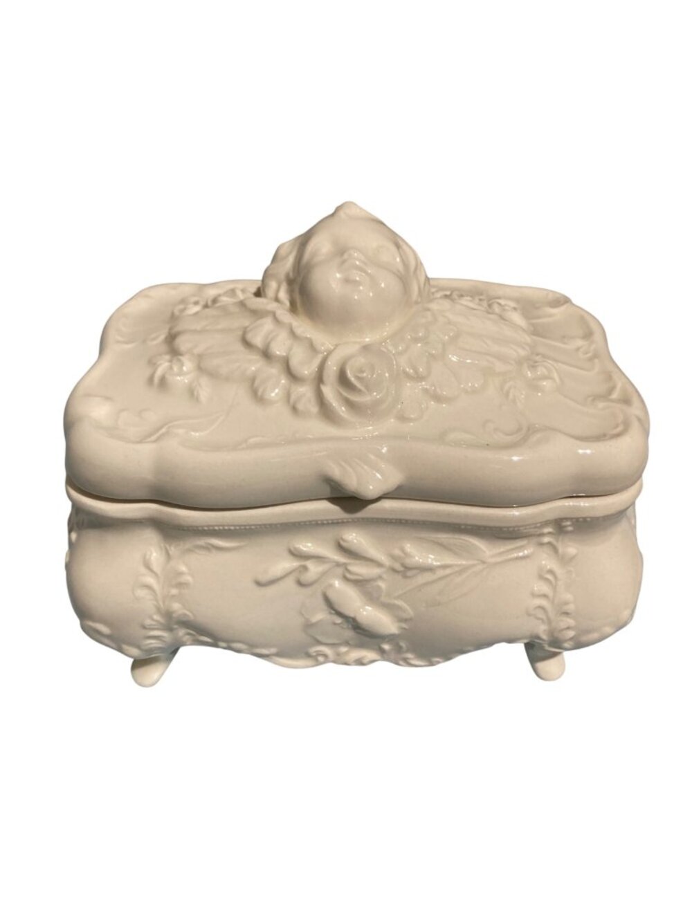Vintage White Ceramic Cherub Angel Trinket Box With Lid Whimsigoth